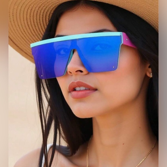 ✨NEW Rivet Rectangle Frame Mirror Colorful Oversized Shield Sunglasses - Picture 3 of 3